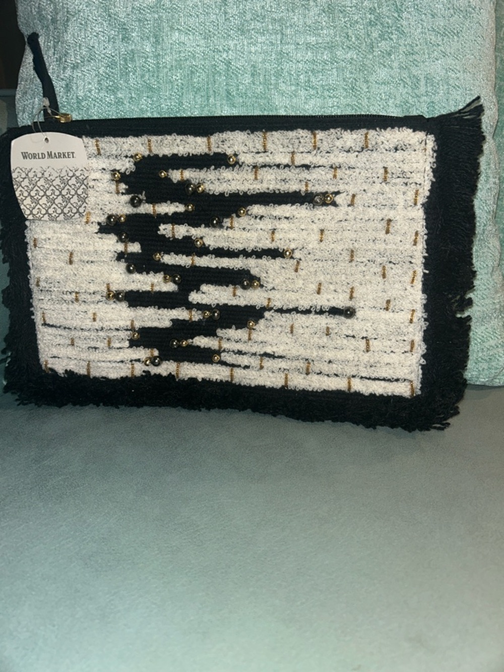 World Market Black and Cream Beaded Woven Clutch